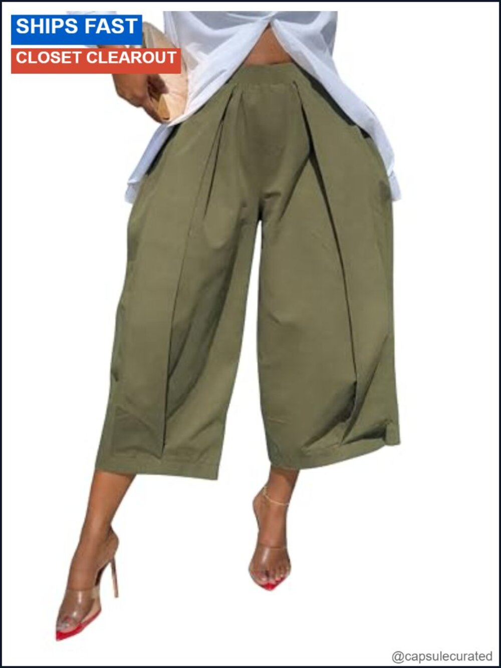 High Waisted Wide Leg Cropped Pants Pleated Palazzo Trousers with Pockets